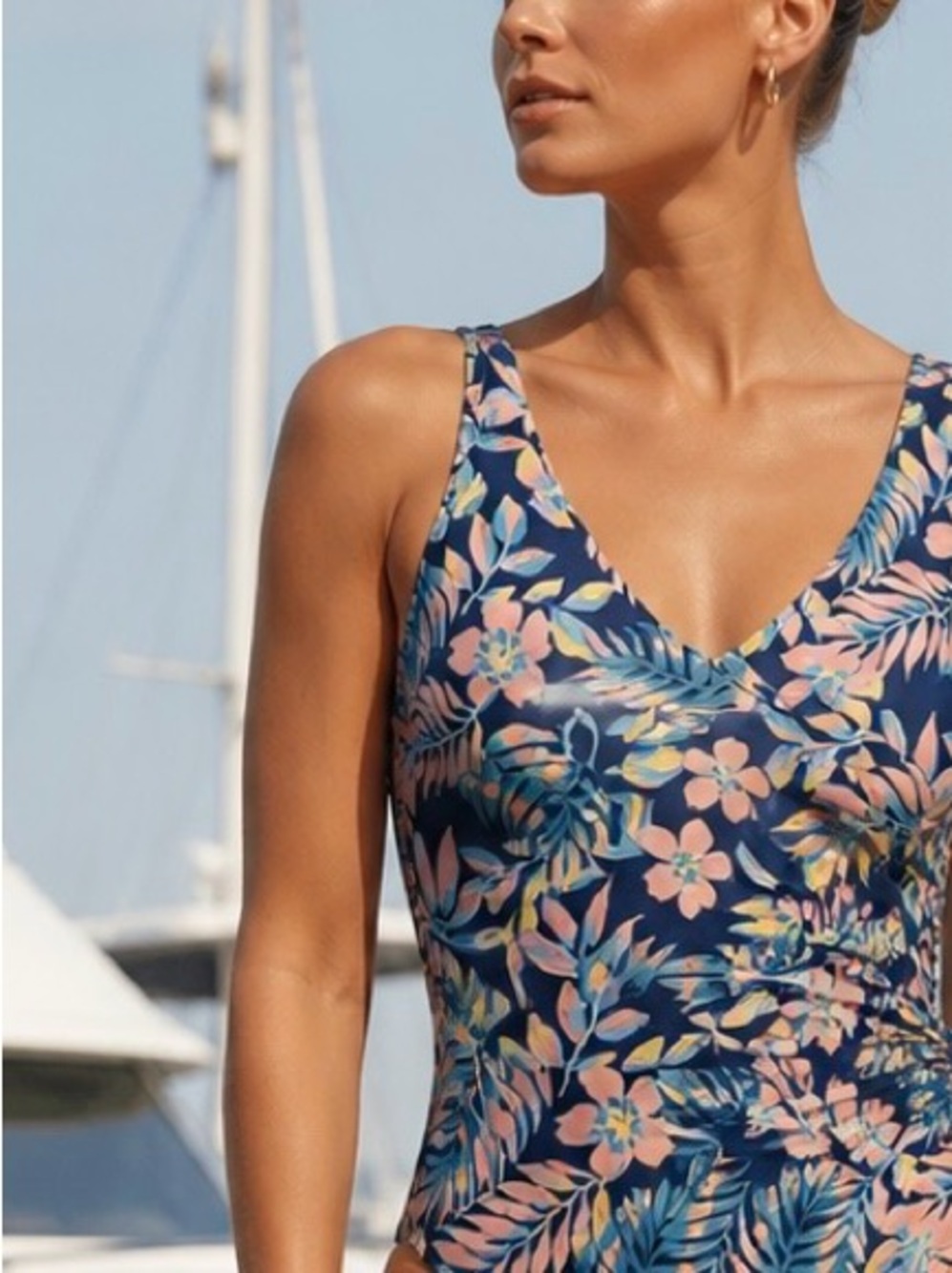 One-piece Swimsuit Navy Blue Tropical Leaf  XL  Resortwear Beach UPF 50+ Modest